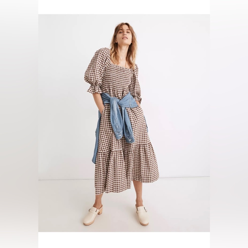 Madewell Lucie Elbow-sleeved mocked midi gingham dress